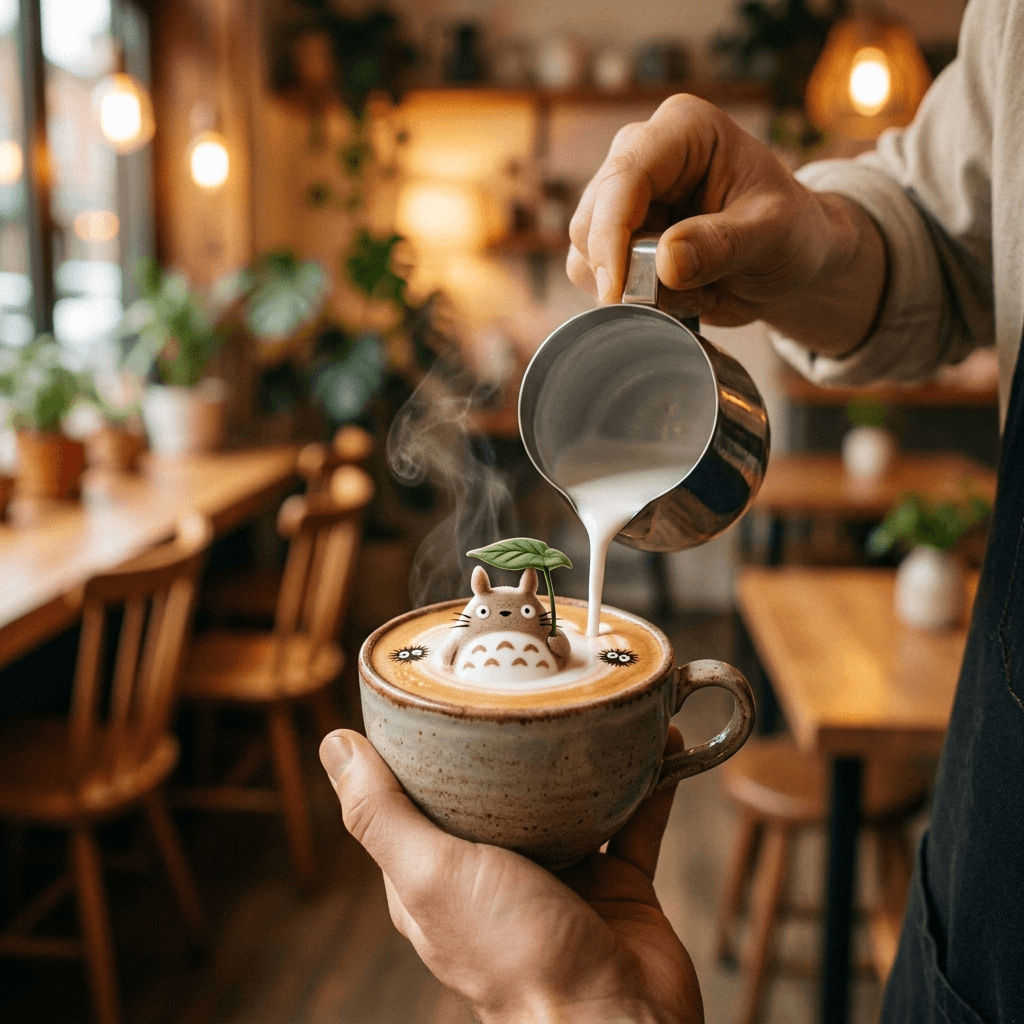 Barista pouring latte art into a ceramic cup